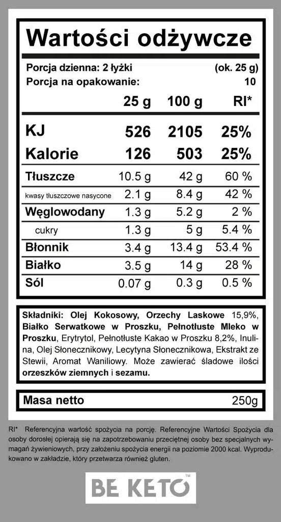 Keto Krem z Olejem MCT BeKeto - Różne Smaki 250 g (Smak: biala-czekolada-malina)