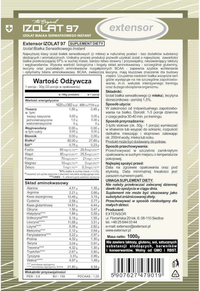 Extensor IZOLAT 97 - Izolat białka serwatkowego Instant - Wspomaga budowanie mięśni - 1000 g