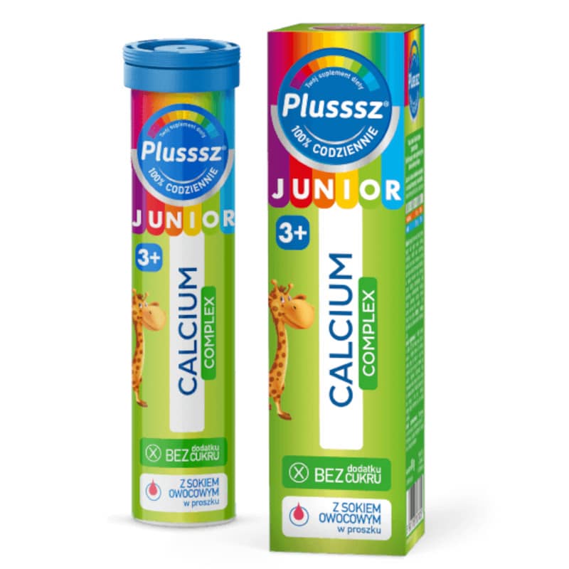 Plusssz JUNIOR Calcium Complex Polski Lek - 20 tabletek musujących o smaku poziomka - jeżyna