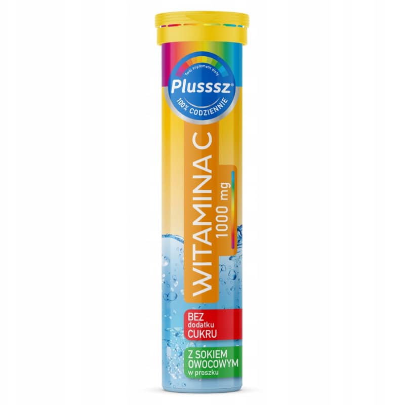 Plusssz Witamina C 1000mg Polski Lek - 20 tabletek musujących o smaku pomarańczowo-brzoskwiniowym