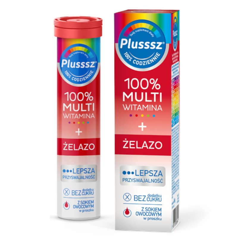 Plusssz 100% MULTIWITAMINA + ŻELAZO Polski Lek - 20 tabletek musujących o smaku wisnia - pomarańcza