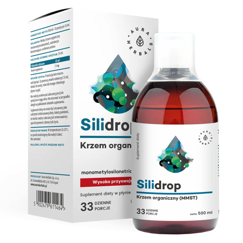 Silidrop krzem organiczny MMST Aura Herbals - Wsparcie kości, stawów, skóry, włosów i paznokci - 500 ml płyn