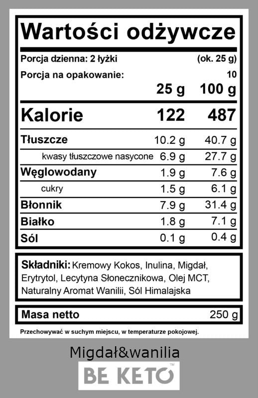 Keto Krem z Olejem MCT BeKeto - Różne Smaki 250 g (Smak: migdal-wanilia)