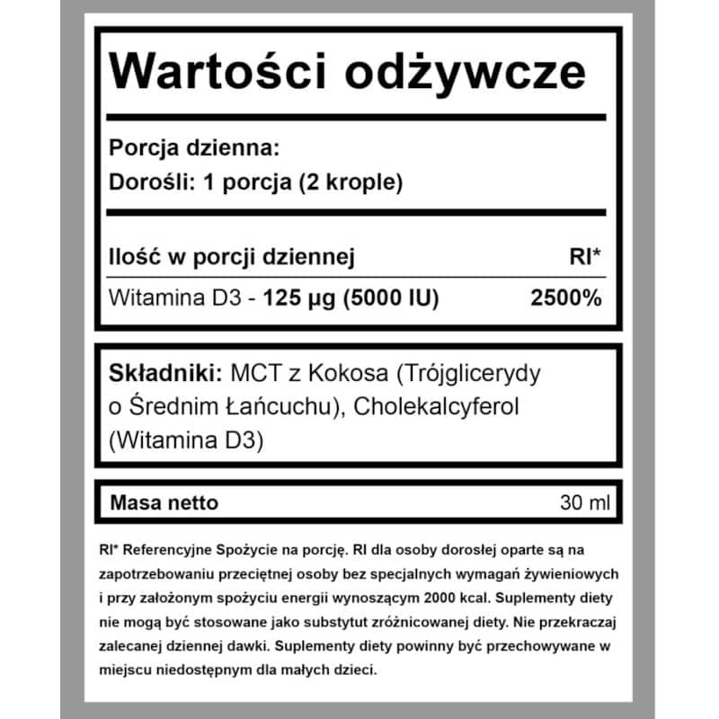 Witamina D3 5000IU z olejem MCT w kroplach BeKeto - 30 ml