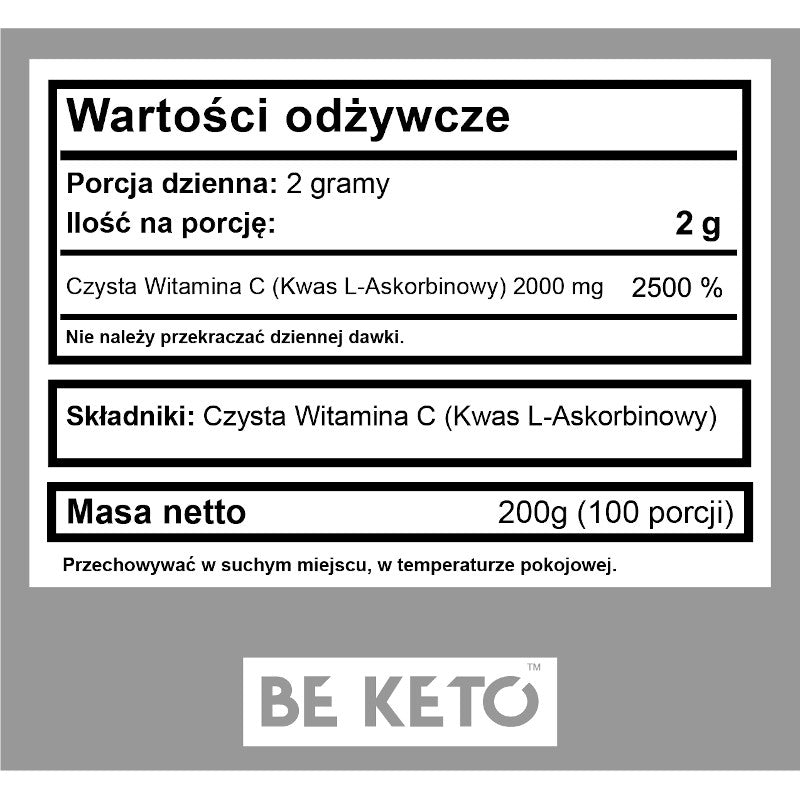 Witamina C 100% BeKeto Kwas askorbinowy w proszku - 200 g