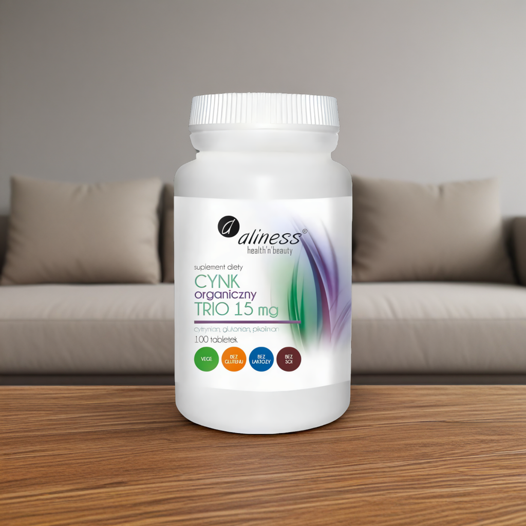 Cynk Organiczny TRIO 15 mg Aliness - Cytrynian, glukonian, pikolinian - 100 tabletek