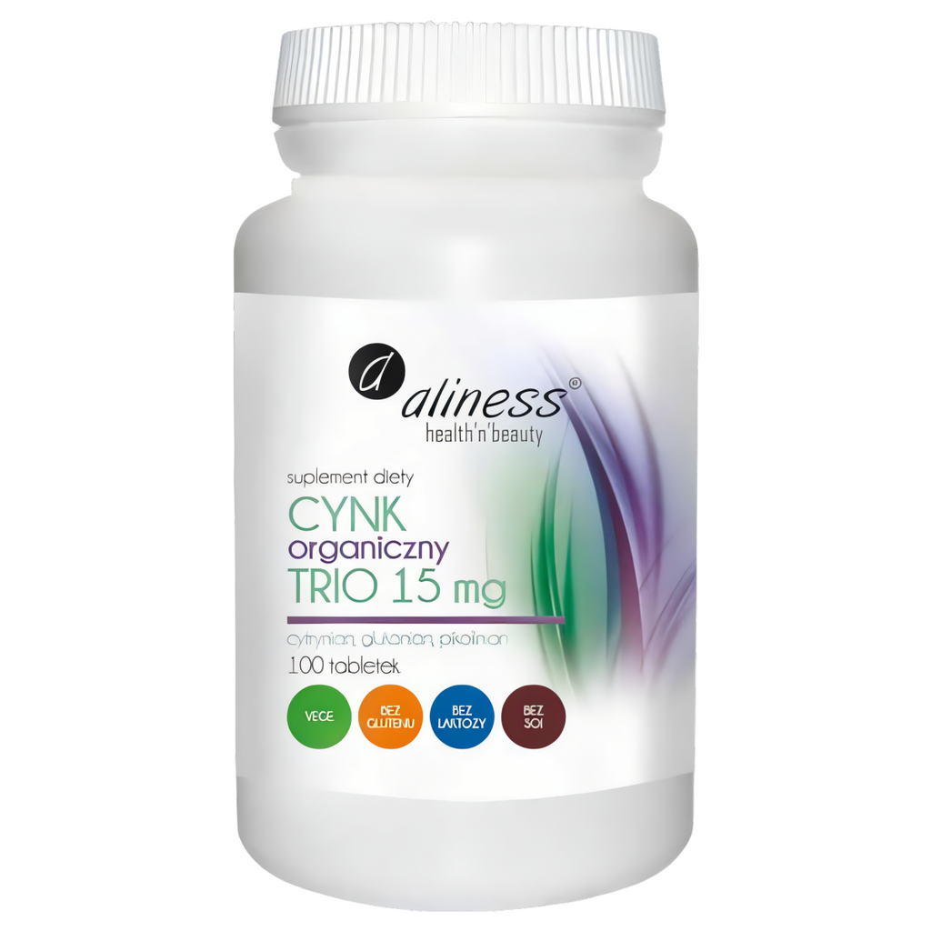 Cynk Organiczny TRIO 15 mg Aliness - Cytrynian, glukonian, pikolinian - 100 tabletek