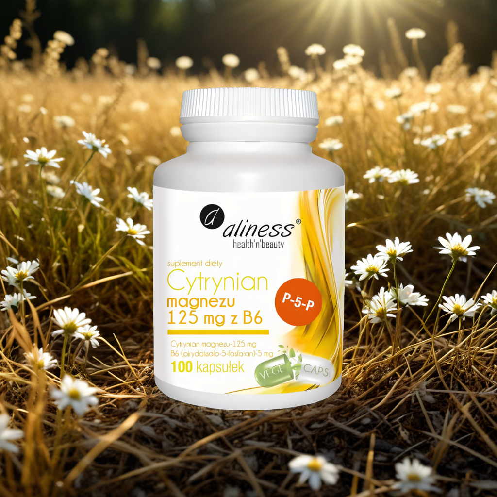 Cytrynian Magnezu 125 mg z Witaminą B6 (pirydoksalo-5-fosforan)-5 mg Aliness - 100 kapsułek