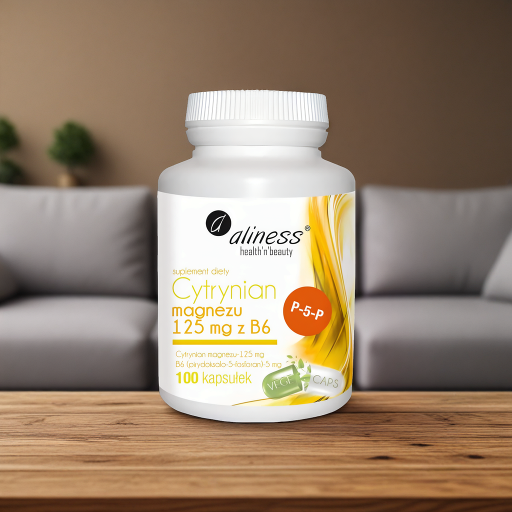 Cytrynian Magnezu 125 mg z Witaminą B6 (pirydoksalo-5-fosforan)-5 mg Aliness - 100 kapsułek