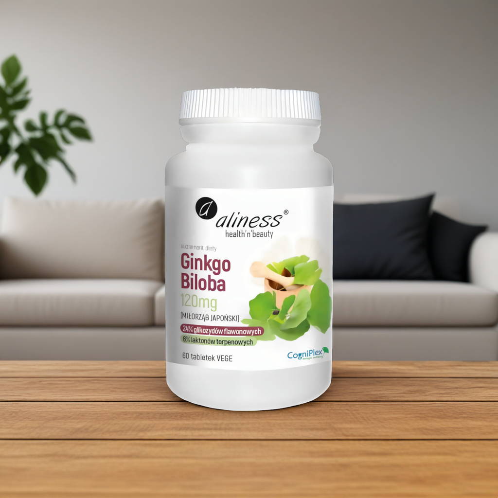 Ginkgo Biloba (miłorząb japoński) 120 mg Aliness - Wsparcie dla mózgu - 60 tabletek