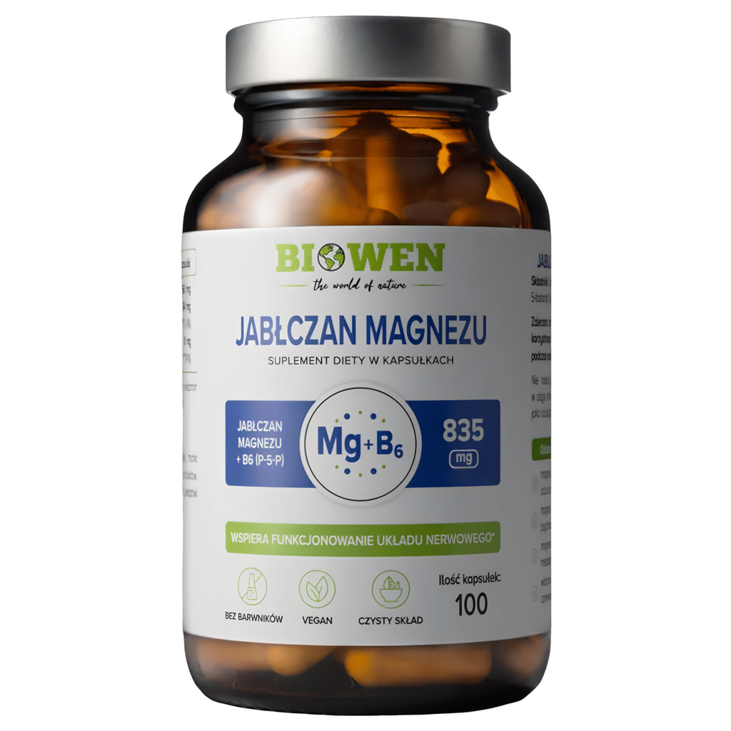 Jabłczan magnezu Biowen - Z witaminą B6 - 100 kapsułek