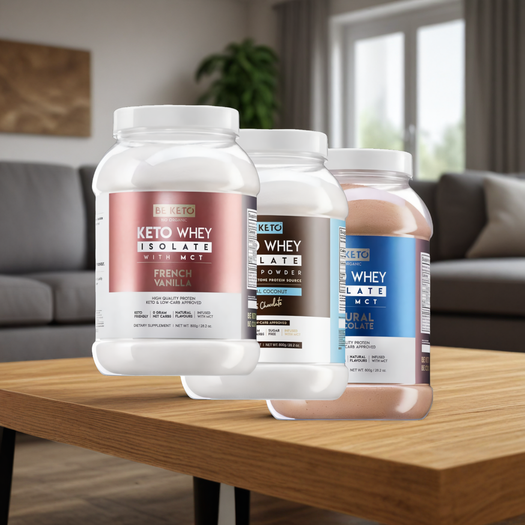Keto Izolat Białka z olejem MCT BeKeto 800 g - 3 pyszne smaki (Smak: naturalna-czekolada)