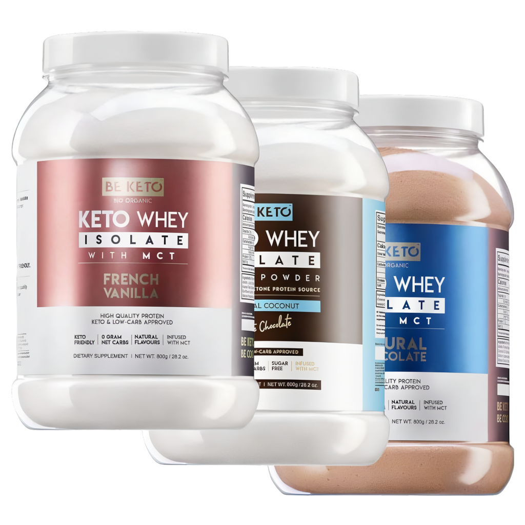 Keto Izolat Białka z olejem MCT BeKeto 800 g - 3 pyszne smaki (Smak: naturalna-czekolada)