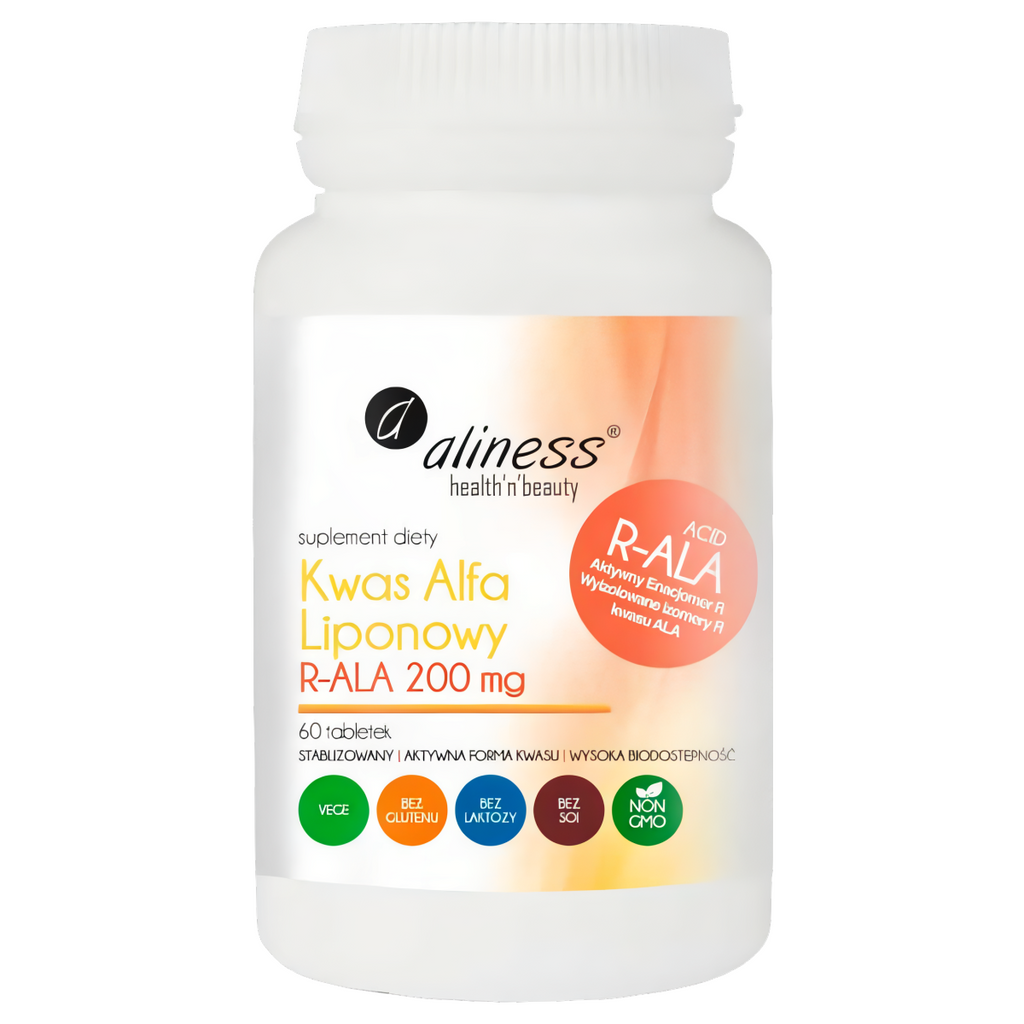 Kwas Alfa Liponowy R-ALA 200 mg Aliness - Stabilizowana, aktywna forma kwasu - 60 tabletek
