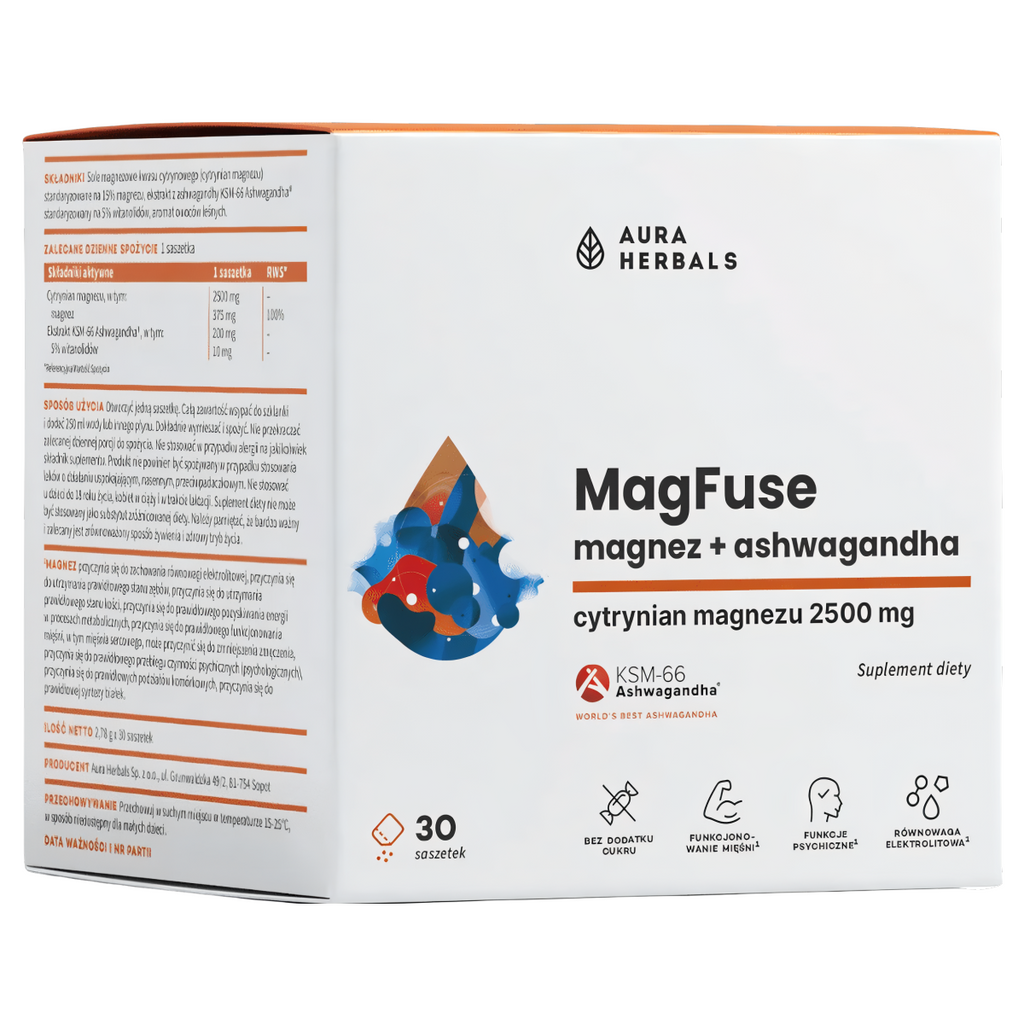 MagFuse magnez z ashwagandhą Aura Herbals- Wsparcie dla ciała i umysłu - 30 saszetek