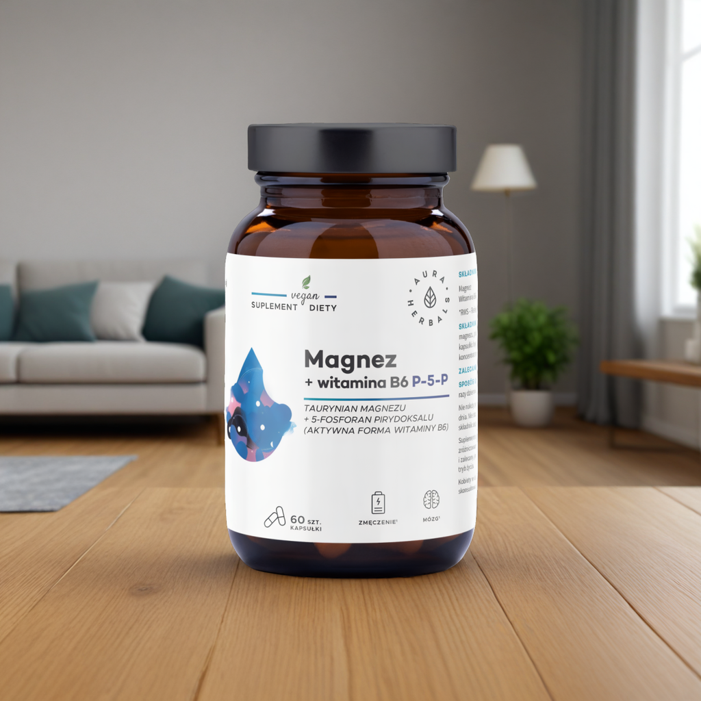 Magnez + Witamina B6 Aura Herbals - Wsparcie dla  prawidłowego funkcjonowania układu nerwowego - 60 kapsułek