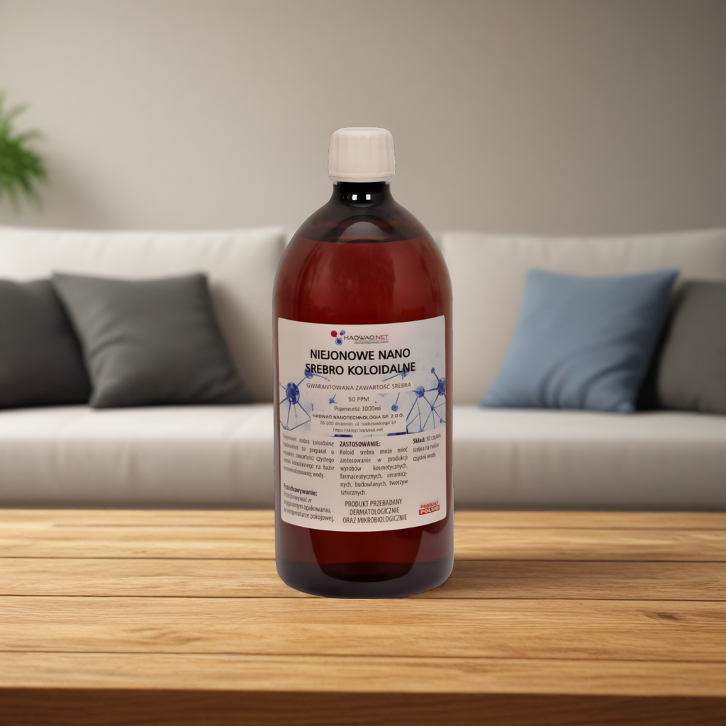 Niejonowe nano srebro koloidalne Ag 50 ppm Hadwao - Oczyszcza i łagodzi podrażnienia - 1000 ml