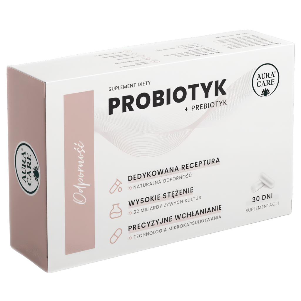 Odporność AURA CARE - Probiotyk + prebiotyk, żywe probiotyki - 30 kapsułek