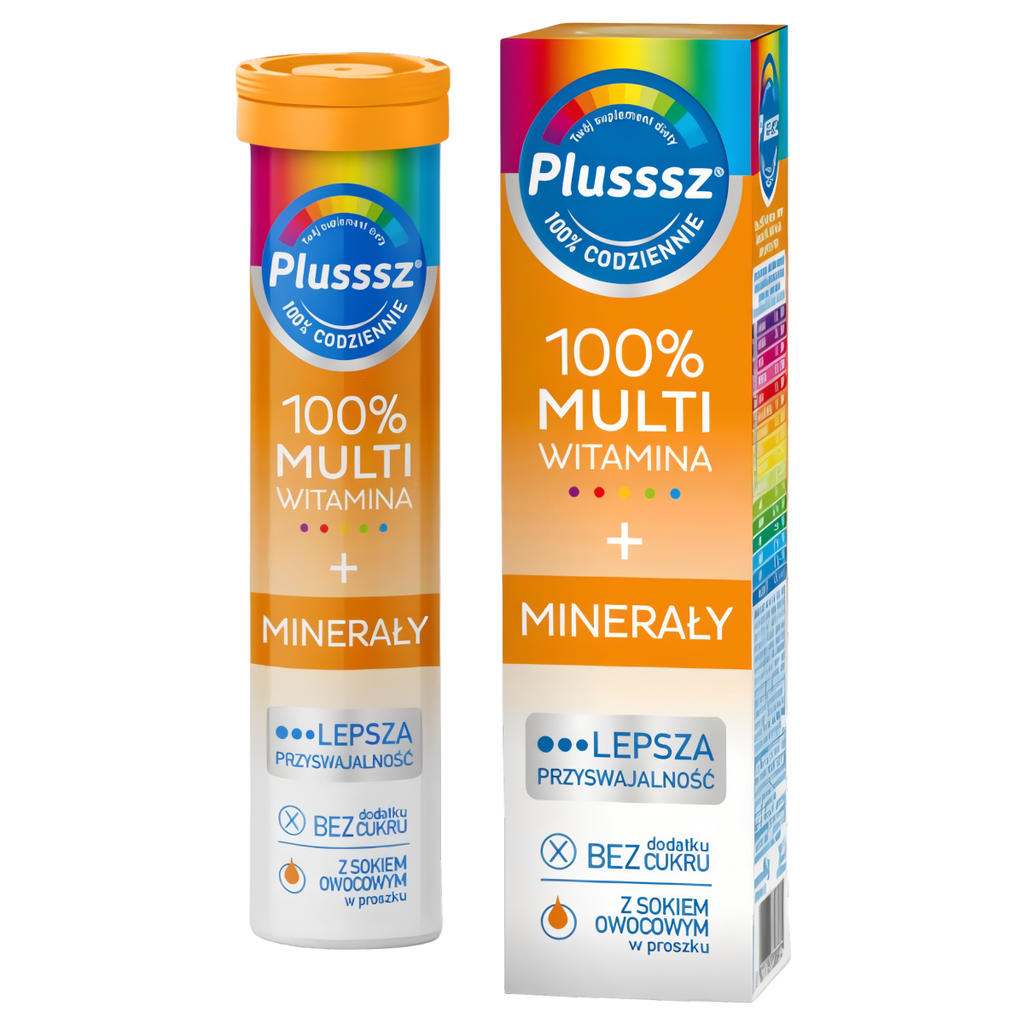 Plusssz 100% MULTIWITAMINA + MINERAŁY Polski Lek - 20 tabletek musujących o smaku mango - pomarańcza
