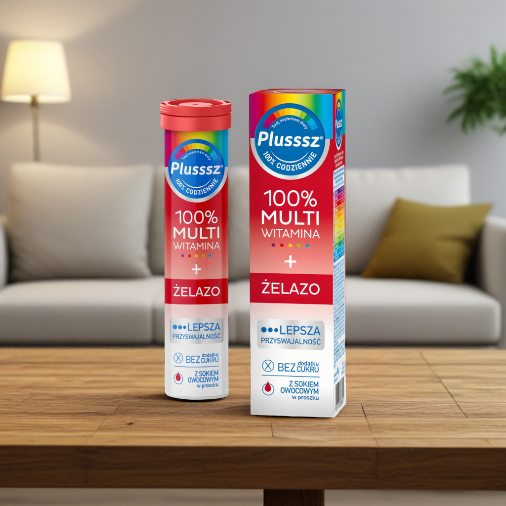 Plusssz 100% MULTIWITAMINA + ŻELAZO Polski Lek - 20 tabletek musujących o smaku wisnia - pomarańcza