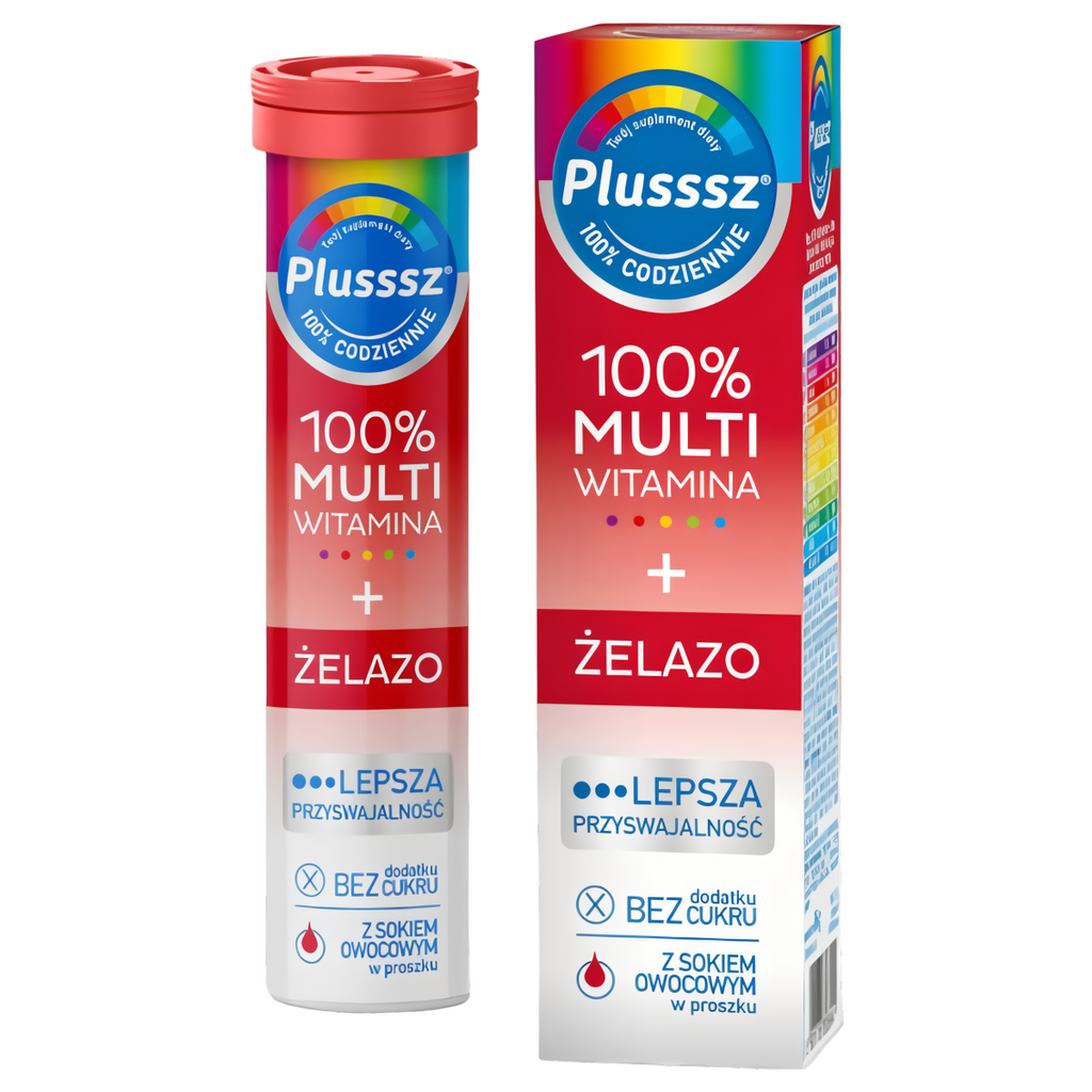 Plusssz 100% MULTIWITAMINA + ŻELAZO Polski Lek - 20 tabletek musujących o smaku wisnia - pomarańcza
