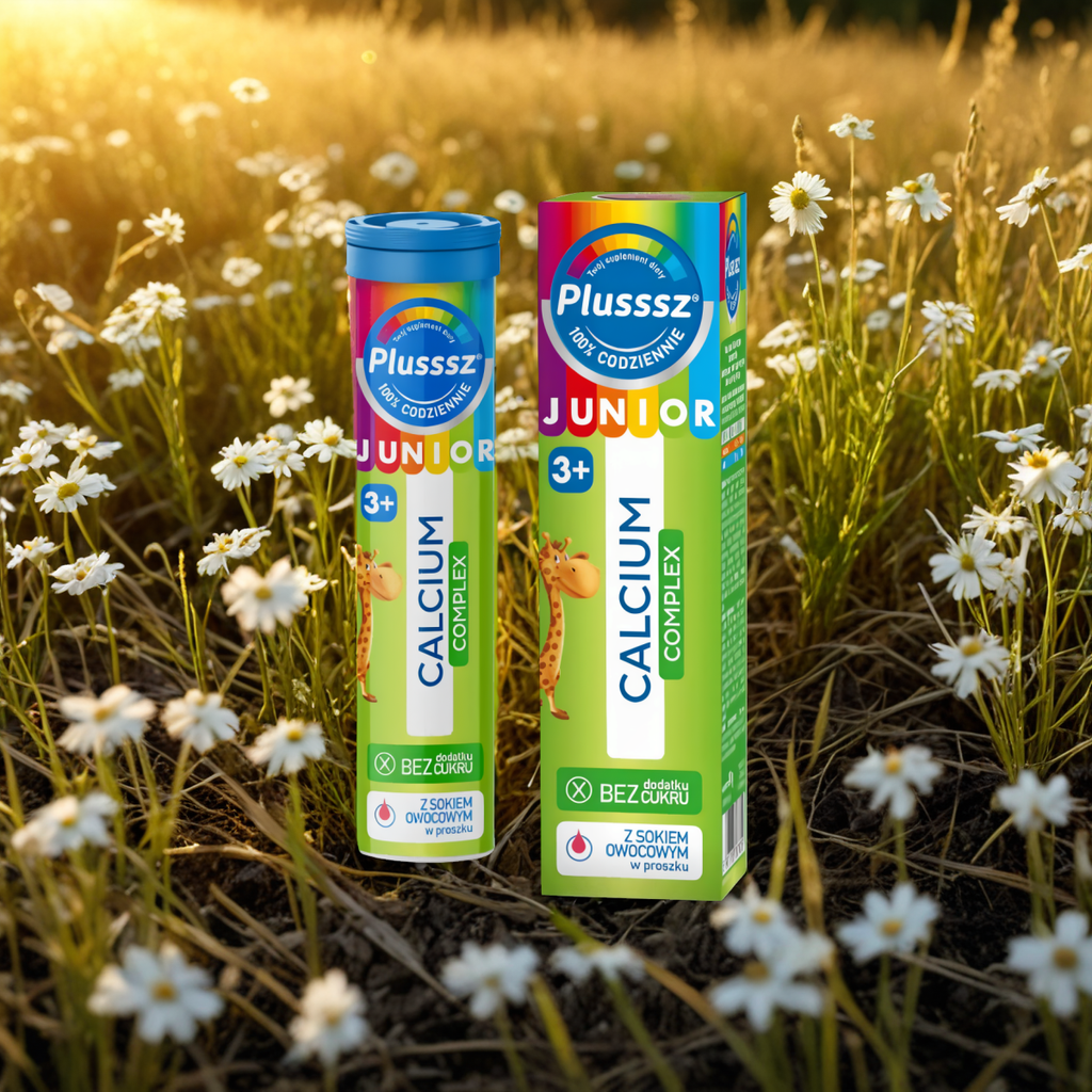 Plusssz JUNIOR Calcium Complex Polski Lek - 20 tabletek musujących o smaku poziomka - jeżyna
