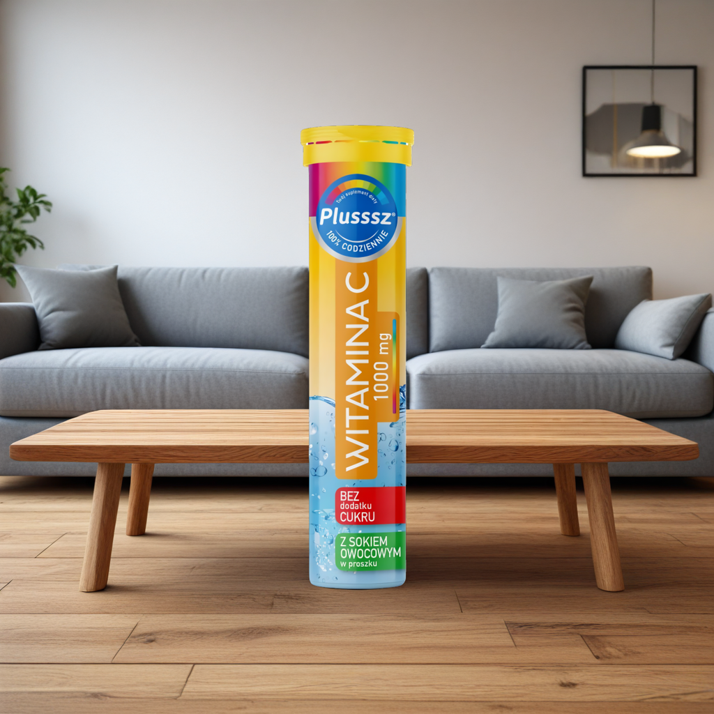 Plusssz Witamina C 1000mg Polski Lek - 20 tabletek musujących o smaku pomarańczowo-brzoskwiniowym