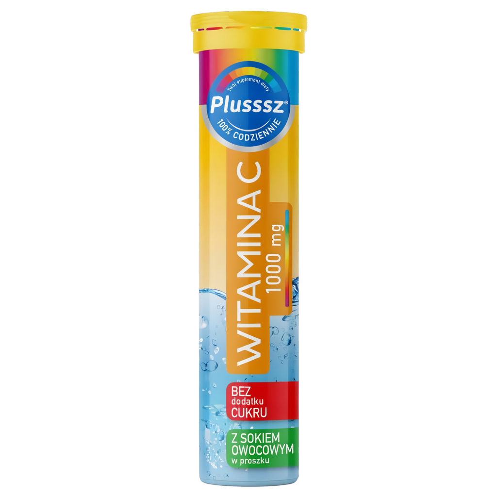Plusssz Witamina C 1000mg Polski Lek - 20 tabletek musujących o smaku pomarańczowo-brzoskwiniowym