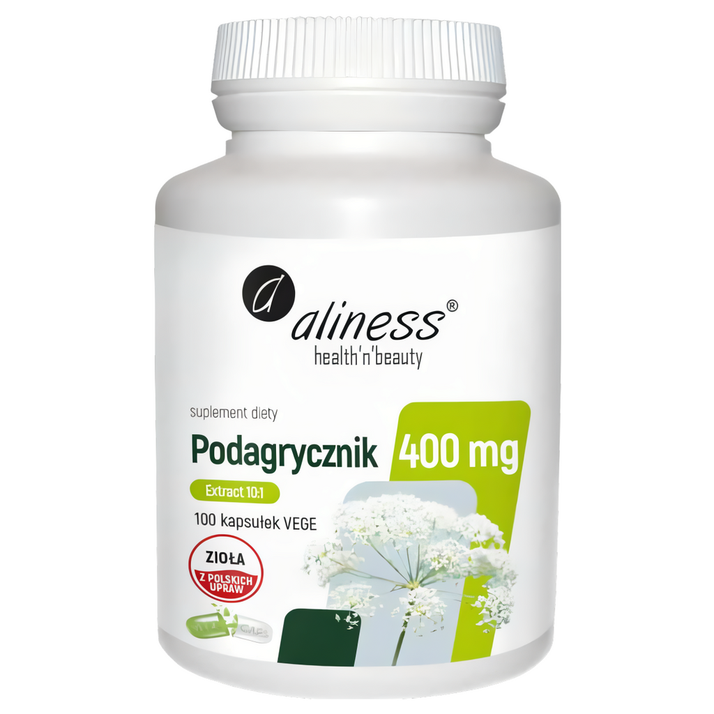 Podagrycznik ekstrakt 10:1 400mg Aliness - Poprawia funkcjonowanie wątroby, nerek i przewodu pokarmowego - 100 kapsułek