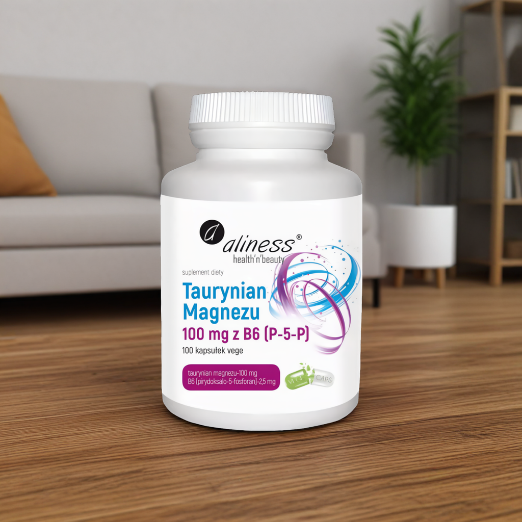 Taurynian Magnezu 100 mg z Witaminą B6 Aliness - Biodostępna forma magnezu - 100 kapsułek