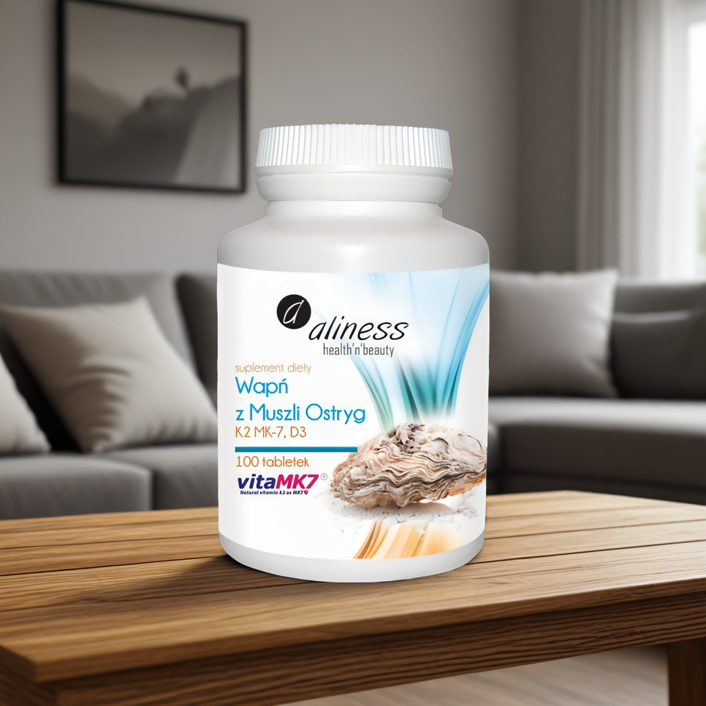 Wapń z Muszli Ostryg, witamina K2 MK-7 i witamina D3 Aliness - 100 tabletek