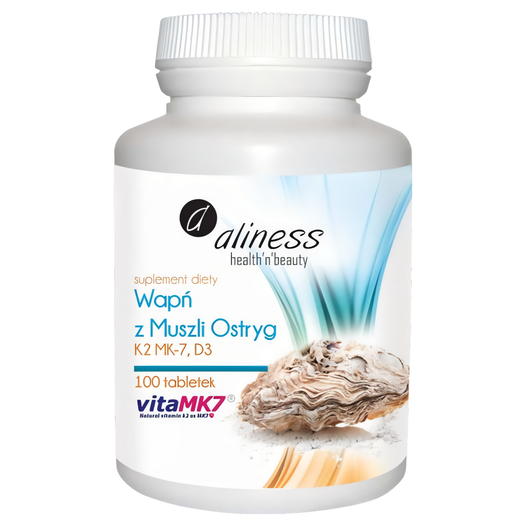 Wapń z Muszli Ostryg, witamina K2 MK-7 i witamina D3 Aliness - 100 tabletek