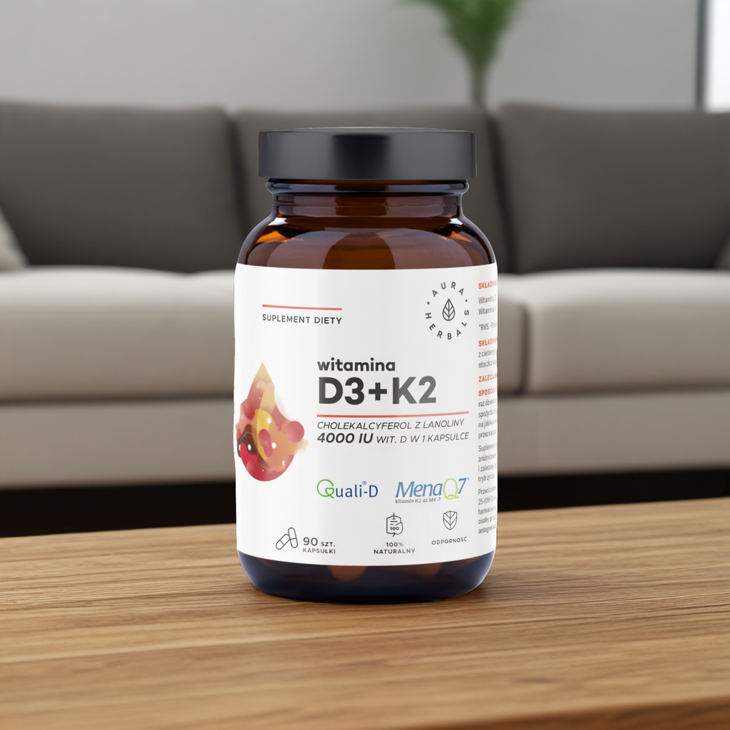 Witamina D3 4000 IU + K2 Aura Herbals - Cholekalcyferol z lanoliny - 90 kapsułek