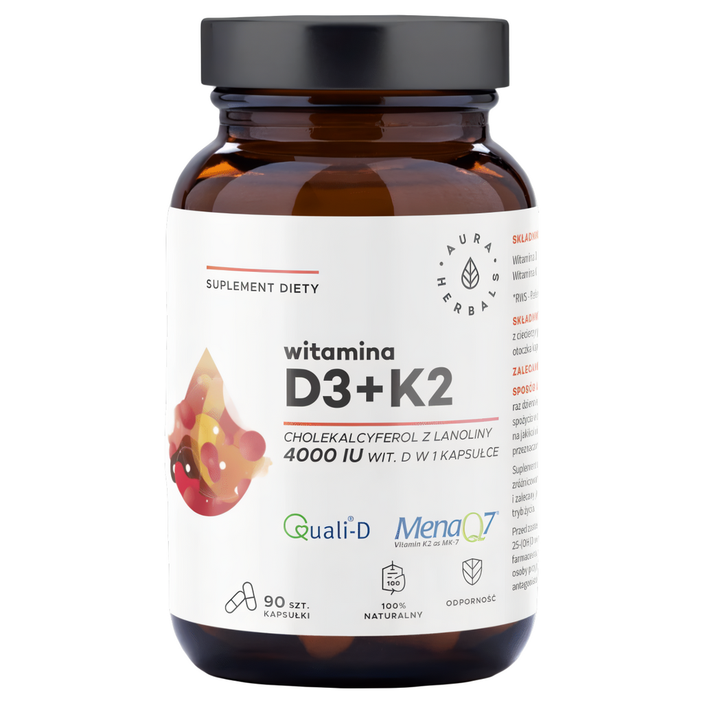 Witamina D3 4000 IU + K2 Aura Herbals - Cholekalcyferol z lanoliny - 90 kapsułek