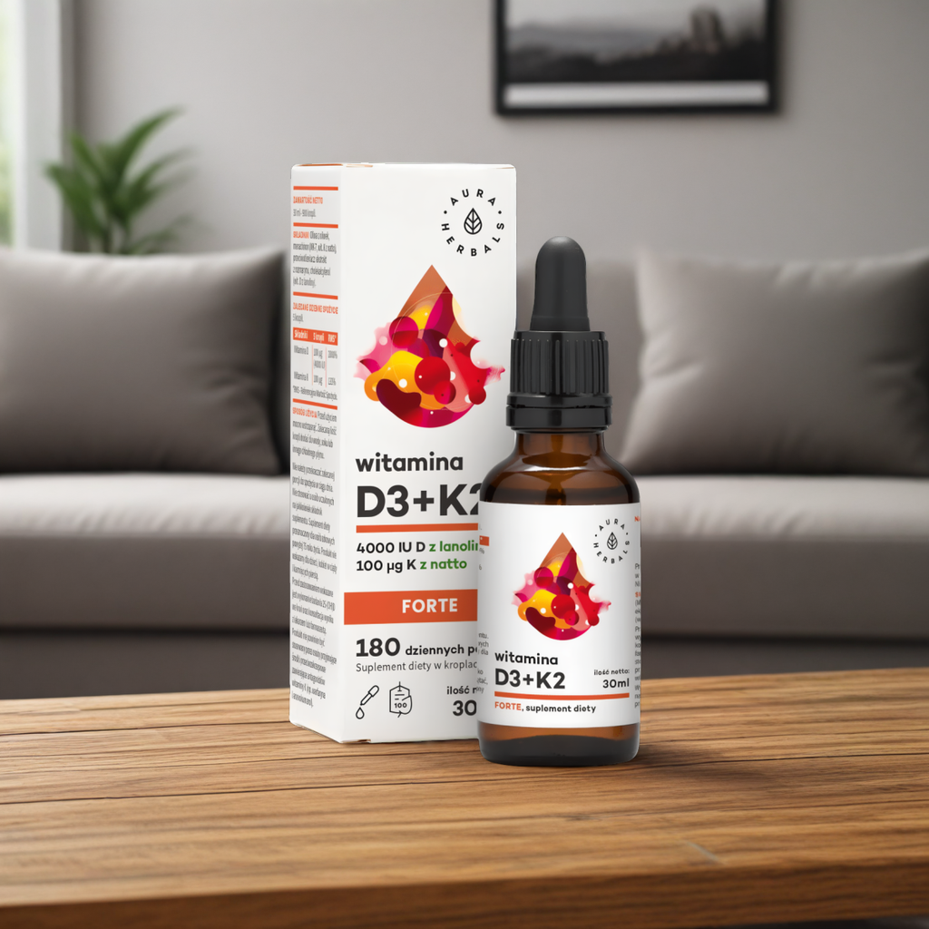 Witamina D3 4000 IU + K2 FORTE Aura Herbals - Naturalna witamina D z lanoliny i K z natto - 30 ml
