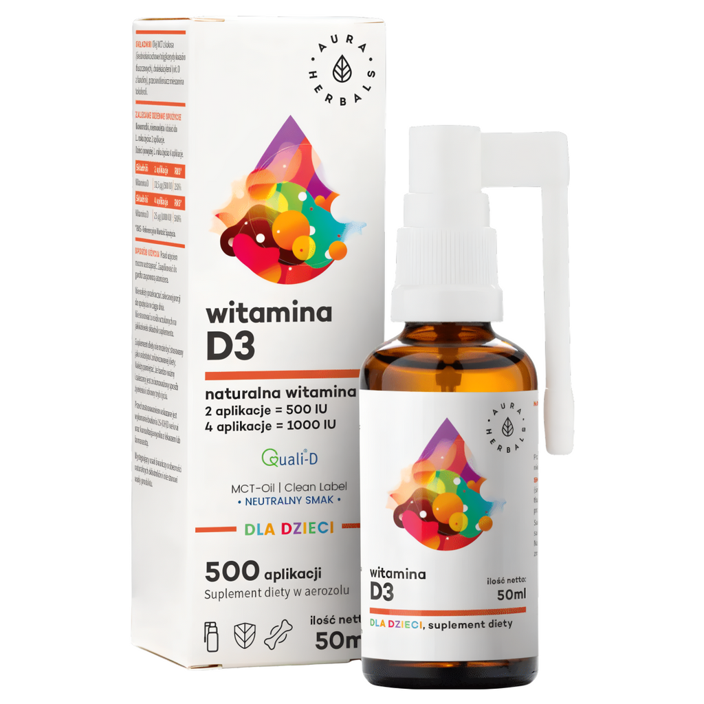Witamina D3 dla dzieci na bazie oleju MCT z kokosa Aura Herbals - 50 ml areozol