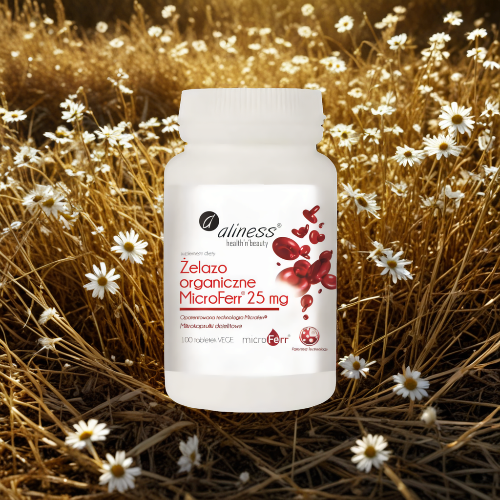 Żelazo Organiczne 25 mg Aliness - Opatentowana technologia MicroFerr® - 100 tabletek